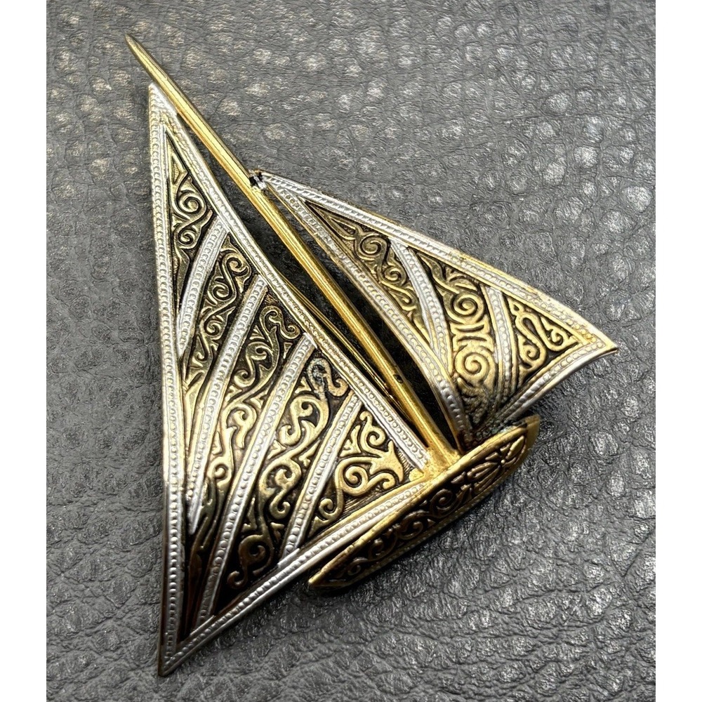 Vintage Damascene Sailboat Brooch Pin Filigree Design Gold Tone Silver Tone